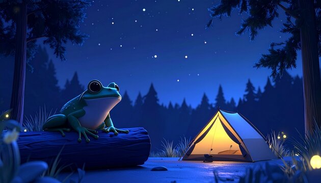 Frog Illustration of a cute green frog camping at night near a glowing tent in the forest