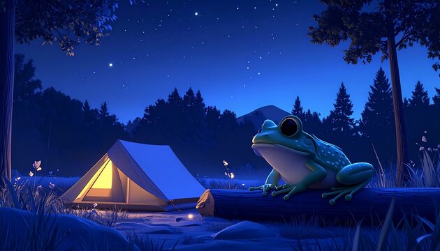 Frog Illustration Camping Night Scene with Glowing Tent and Starry Forest Background