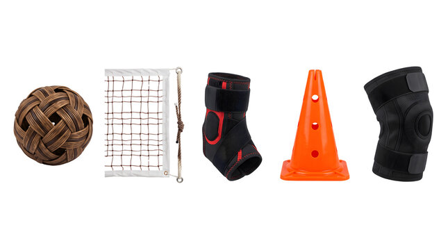 Sepak Takraw sports equipment set, rattan ball and net on white background, protective knee and ankle pads with orange training cone