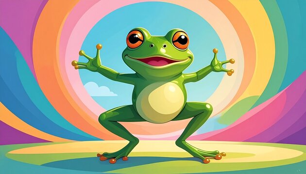 Colorful cartoon frog dancing joyfully in rainbow hoop against vibrant gradient background