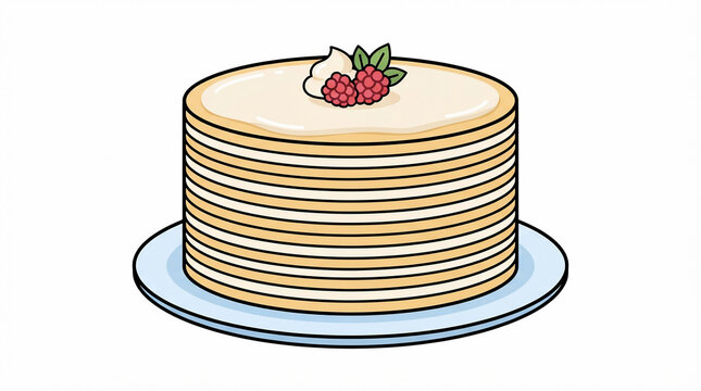 Vector illustration of a high stack of tasty crepes or pancakes on a plate with cream and raspberries, breakfast food design isolated on white