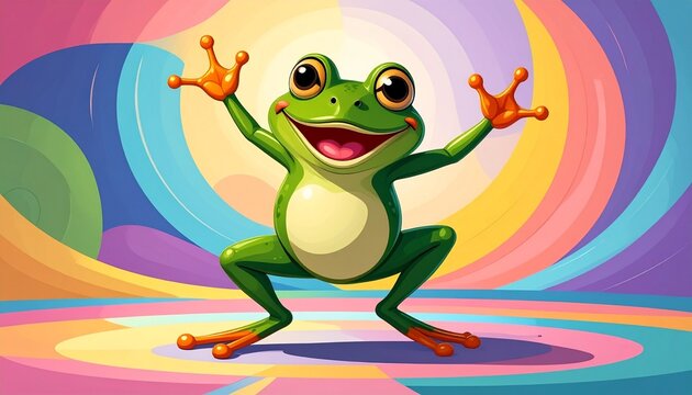 Colorful cartoon frog dancing joyfully on rainbow background with raised arms in vibrant illustration