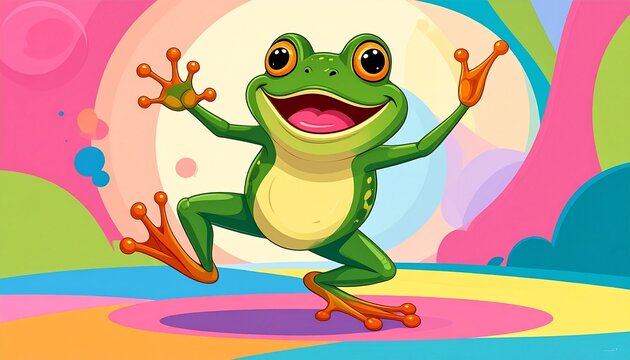 Colorful cartoon frog dancing joyfully on rainbow background with happy expression and waving arms