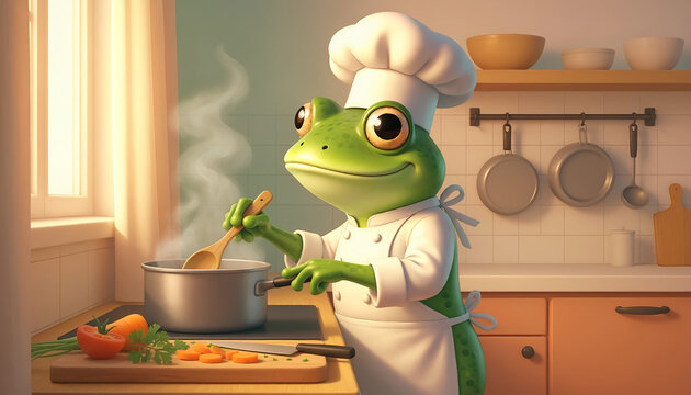 Frog Chef Cooking Illustration in a Cozy Kitchen Preparing a Healthy Meal with Steam