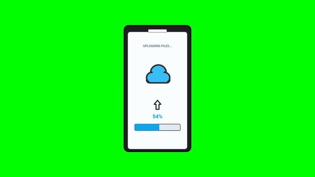 Smartphone screen showing the process of uploading files to cloud storage with progress bar and sync icon on a green screen background
