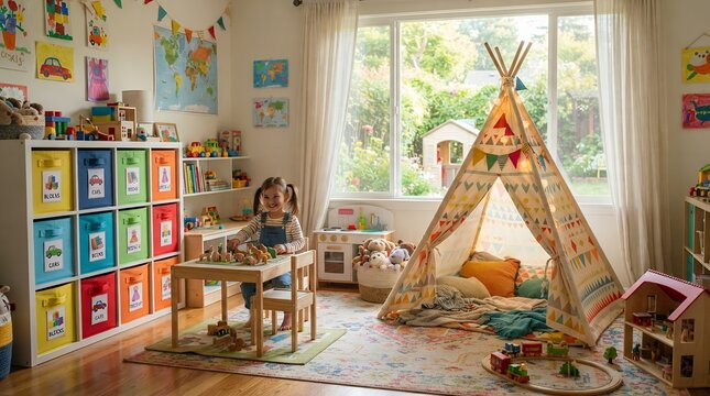 Young girl playing in a bright and colorful playroom with toys and a teepee.