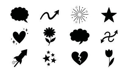 Fototapeta premium Decorative Abstract Symbols Silhouette Vector Icon Set Featuring Speech Bubble Arrow Sparkle Star Heart Flower Firework Rocket Broken Heart Tulip