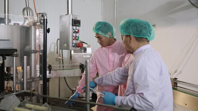 Asian senior technician engineer inspector and machine operator in uniform of food and drink factory explaining and discussing operation of machinery used in beverage production in a manufacturing. 
