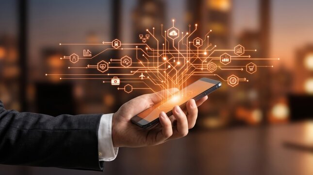 Hand holding smartphone with glowing digital circuit board and icons, mobile application, wireless communication, social media network, fintech solution, online shopping