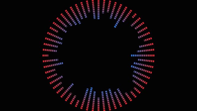 Circular audio spectrum visualization in red and blue abstract bars against black background
