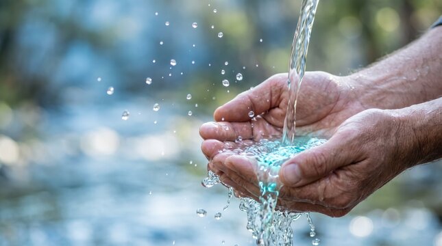 Close-up of male hands catching fresh clean water stream in nature, symbolizing purity, hydration, environmental conservation, and the essential value of natural resources