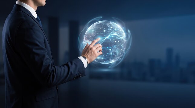 Businessman touching holographic globe interface, futuristic technology concept with digital network connections and data visualization in modern corporate environment background.