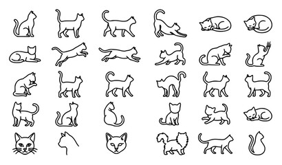 Obraz premium Cat Line Icon Set Kitten Pet Feline Animal Kitty Sitting Sleeping Walking Vector Illustration Collection