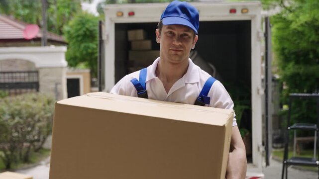 Home moving and delivery service concept. Teamwork of professional home and furniture moving with truck from business service company. White male movers in uniforms working and delivering to customer.