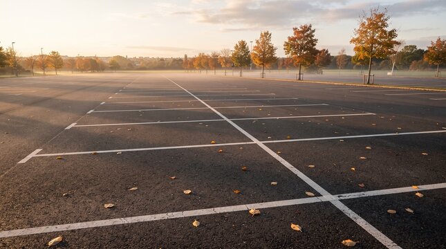Empty parking lot with autumn leaves during World Car-Free Day  