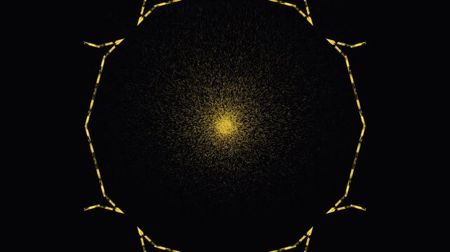 Golden particles bloom with symmetrical patterns during abstract digital animation in dark space