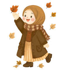 Muslim Girl in Hijab Holding Autumn Leaf Oil Pastels Illustration