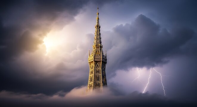 A tall, ornate stone tower rises above thick clouds during a dramatic thunderstorm with bright lightning bolts flashing in the dark, moody sky