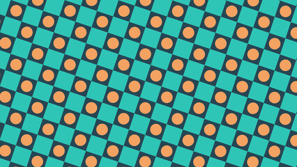 Fototapeta premium Geometric seamless pattern with teal squares and orange circles on a dark background