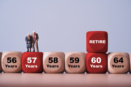 Retirement planning concept with senior couple and age timeline on wooden blocks representing retirement age, pension planning, financial security, savings, aging workforce and future goals.