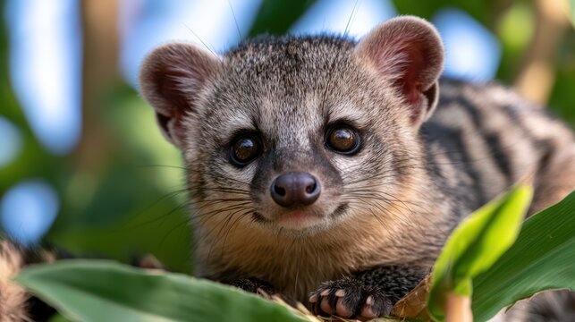 A cute civet cat with large eyes peeking through green leaves, its fur patterned with dark stripes.