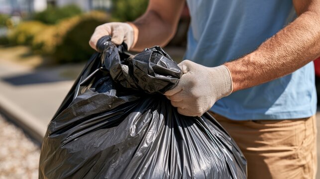 Close up of a man wearing disposable gloves and holding a large black garbage bag. The man is preparing to dispose of waste, suggesting a cleanup or tidying activity
