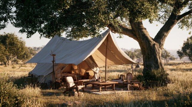 Luxury safari tent in picturesque savanna landscape surrounded by lush greenery and warm sunlight, inviting outdoor relaxation in nature's beauty