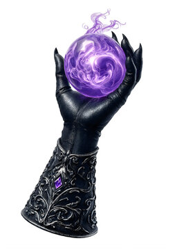 Black wizard glove holding a glowing purple magic energy orb