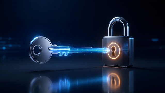 Glowing blue key unlocking digital padlock with data trails representing cyber security network encryption and secure access technology.