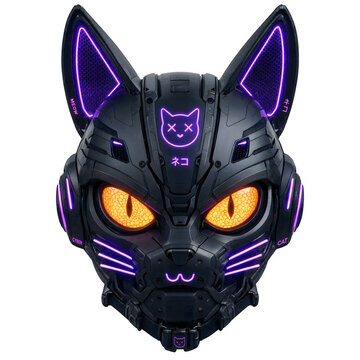 Futuristic robot cat head with glowing purple neon lights