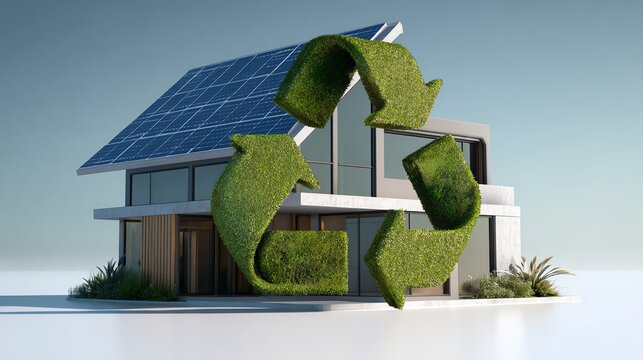 Modern sustainable house with solar panels.