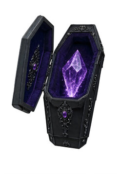 Gothic black coffin with a glowing purple crystal inside