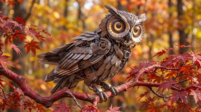 Steampunk Robot Owl Perched on Autumn Maple Branch with Glowing Eyes