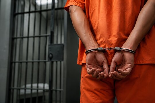 Prisoner in orange clothing with handcuffed wrists