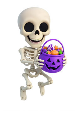 Cute cartoon skeleton holding a purple halloween candy bucket