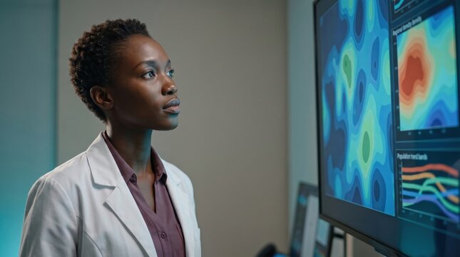 Woman biomedical researcher interprets layered metabolic heatmaps and colorful response curves on a widescreen dashboard inside a moody blue-lit laboratory devoted to diabetes science and care