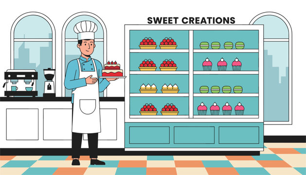Bakery owner holding a fresh strawberry cake next to a glass display case filled with colorful cupcakes and macarons.