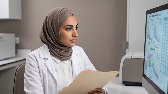 Hijab-wearing clinical investigator compares fasting glucose interval graphs with printed study records at a desktop workstation in a clean laboratory for evidence-based metabolic research work