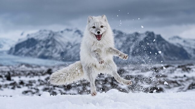 Playful Arctic Fox Jumping in Snowy Mountain Landscape