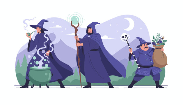 Fantasy group of three powerful wizards dressed in purple robes preparing magic spells, holding staves and potions.