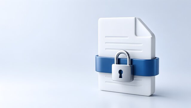 3D render of white document file wrapped with a blue strap and secured by a silver padlock representing confidential data privacy and encrypted information.