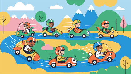 Naklejka premium Cheerful active children wearing safety helmets race colorful go-karts on an outdoor track in the green mountains.