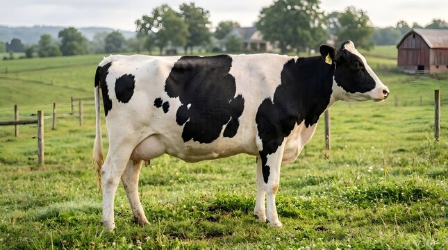 Full Length Side View of Black and White Dairy Cow Standing on Green Meadow Grass near Rural Barn