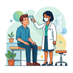 Obraz premium Doctor uses infrared thermometer to check patient's temperature in a medical clinic, flat illustration.