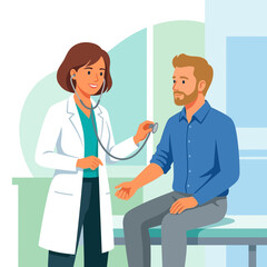 Obraz premium Doctor using stethoscope to examine patient in a modern clinic, simple flat illustration style