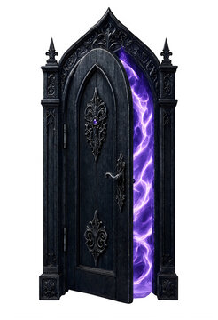 Gothic black door with magical purple lightning portal