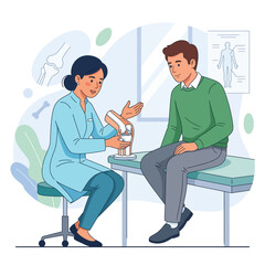 Fototapeta premium Doctor Explains Knee Joint Model to Patient in Medical Office - Flat Design Illustration
