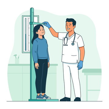 Doctor measuring patient's height on stadiometer in clinic, flat vector illustration.
