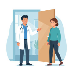 Fototapeta premium Doctor Welcoming Patient into Clinic Room, Medical Consultation and Healthcare Concept