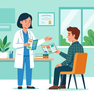 Doctor Gives Brochure to Patient in Medical Office, Flat Design Vector Illustration